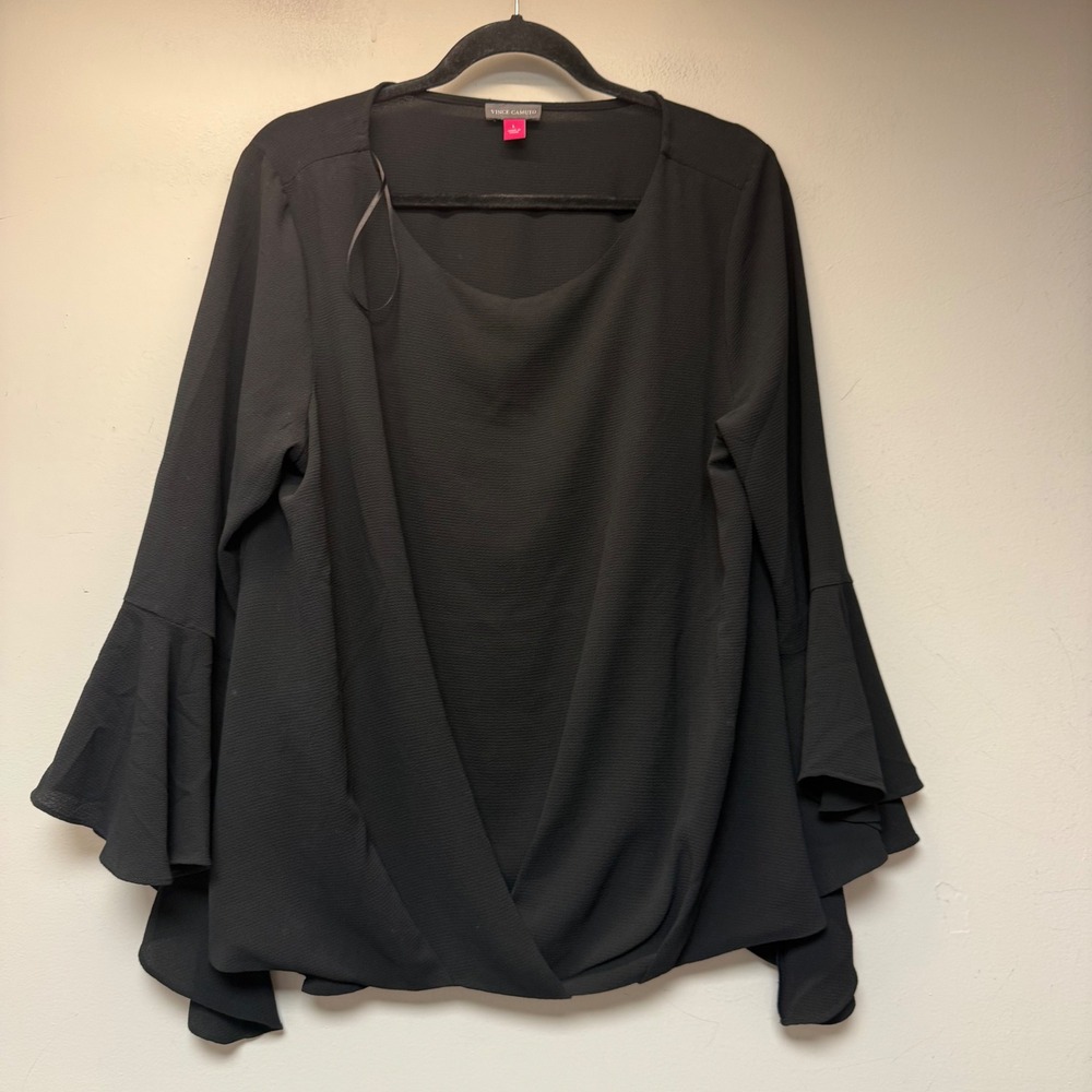 Vince Camuto Wrap Front Blouse Womens Large Black Excellent Bell Sleeve‎ Top